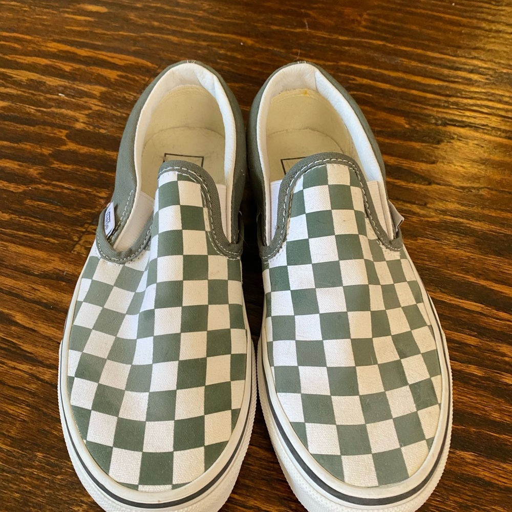 Vans Green and White Checkered Slip-On Sneakers - women’s size 6
